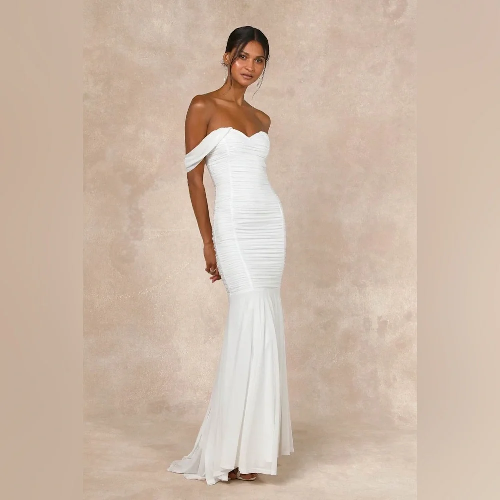 Lulus Divinely Romantic White Mesh Off-the-Shoulder Mermaid Maxi Dress size M